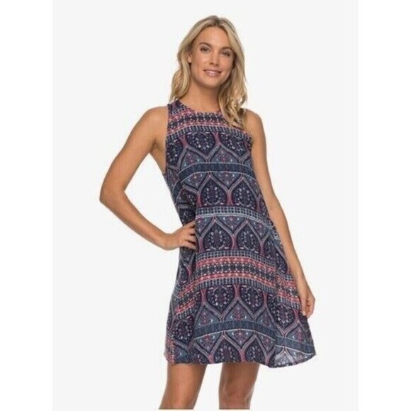 NEW Roxy Tank Dress Women Sleeveless Mini Blue Floral Size M Back Zip Beach Surf - Picture 1 of 15